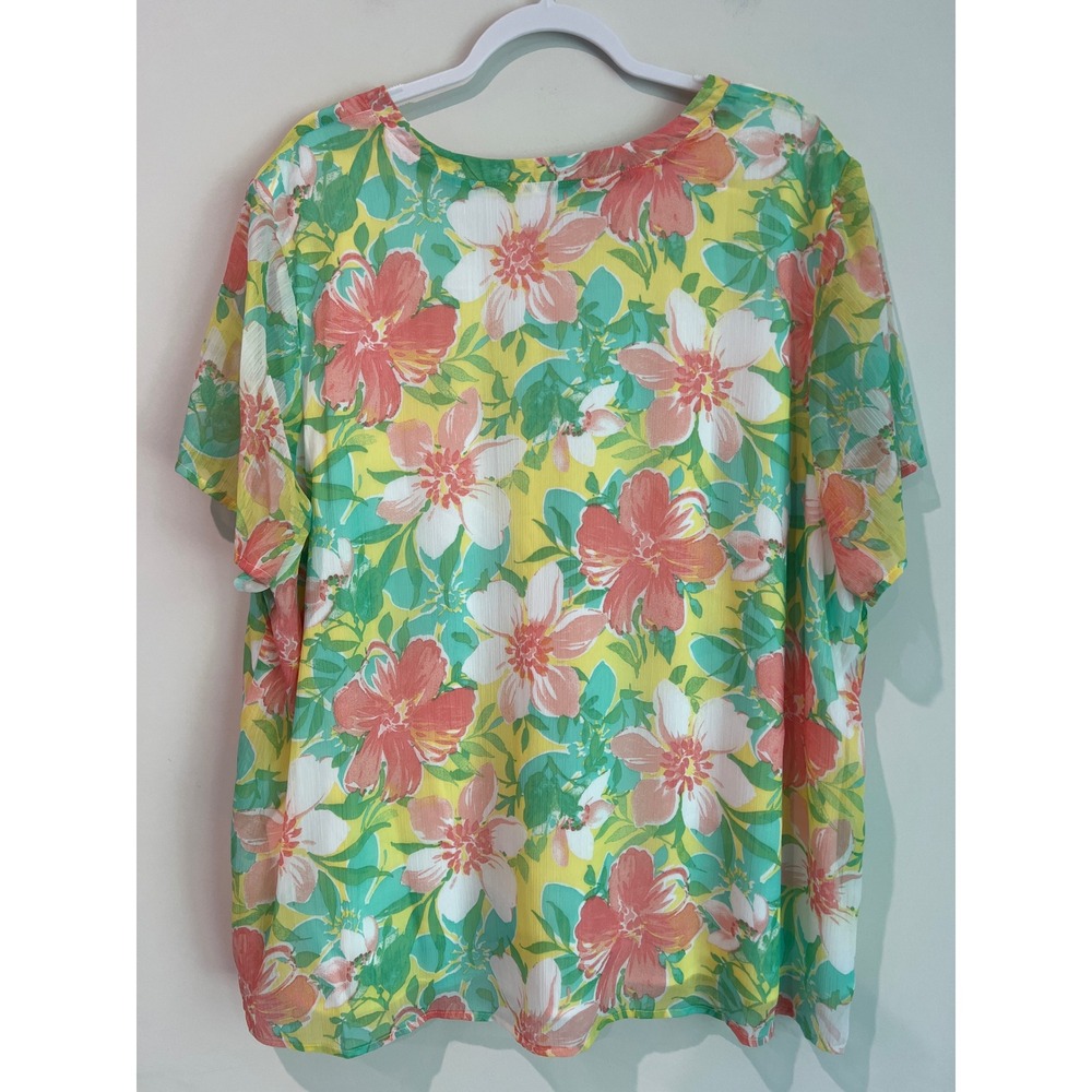 Denim & Co Womens 3X Floral V-Neck Blouse Short Sleeve Yellow Green Tropical Top - Picture 3 of 4